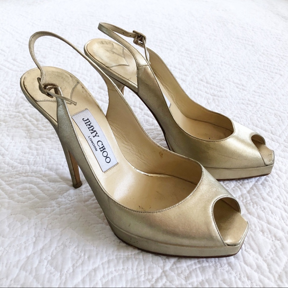Jimmy Choo Metallic Gold Slingback Peep To…